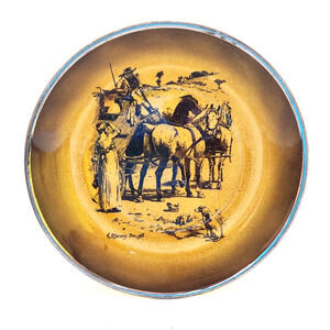 COLLECTOR PLATE-RIDGEWAY-COACHING DAYS COACHING WAYS-Vintage-Gold-Woman & Dog